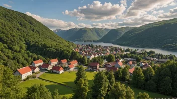 En malerisk landsby med tradisjonelle norske hus og en storslagen natur som bakgrunn.
