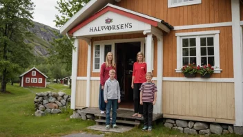 En familie som står utenfor sitt tradisjonelle norske hjem med navnet Halvorsens på døren.