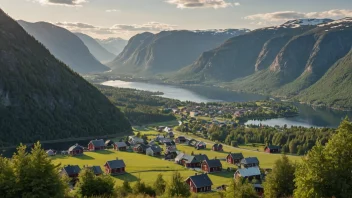 En pittoresk utsikt over et norsk landskap med en liten landsby eller by i det fjerne.