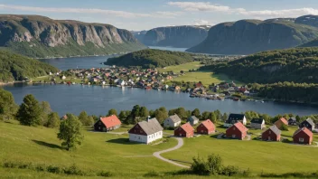 Et idyllisk og malerisk norsk landskap med en liten landsby eller by i det fjerne, omgitt av rullende åser og fjell.