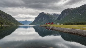 Et idyllisk norsk landskap med en skilt eller bygning med navnet Norvik