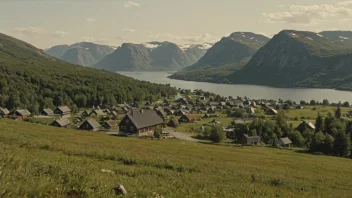 Et fredelig norsk landskap med en liten landsby eller by i bakgrunnen.