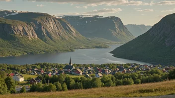 Et idyllisk norsk landskap med en liten bosetning i bakgrunnen.