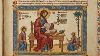 En illustrasjon av Lukasevangeliet, med en avbildning av Lukas som skriver i et manuskript, omgitt av symboler og scener fra evangeliet.