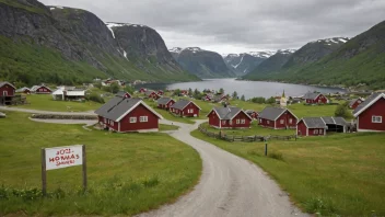 En pittoresk utsikt over en tradisjonell norsk landsby med et skilt som viser ordet 'Mjømnas'.