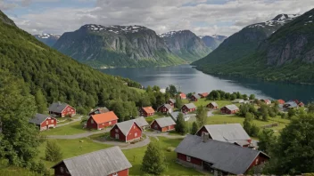 Et idyllisk landskap av en norsk landsby med en skilt som viser navnet Starheims