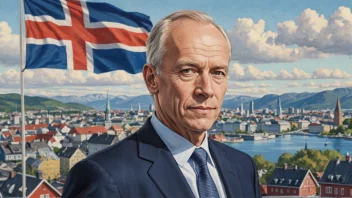 En illustrasjon av Einar Gerhardsen, Norges statsminister fra 1945 til 1965, som står foran et norsk flagg, med en bysilhuett i bakgrunnen.