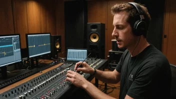 En person i et innspillingsstudio som bruker en enhet til å måle lydkvalitet.