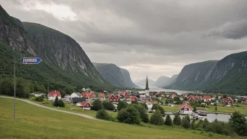 Et pittoreskt norsk tettsted med en Hernes-skilt.