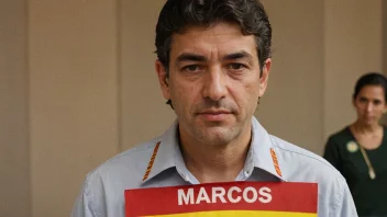 En person med et spansk flagg i bakgrunnen, med en navnelapp som sier Marcos