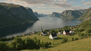 Et fredelig og malerisk landskap av en norsk fjord med en liten bosetning i bakgrunnen.