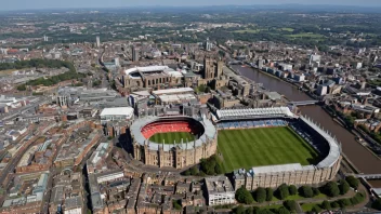 Flyfoto av Cardiff by med Cardiff Castle og Principality Stadium