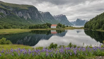 Et fredelig norsk landskap med en skilt eller bygning med navnet 'Siris'.