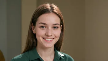 En ung kvinne med et vennlig smil og en navnelapp med navnet Noras