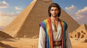 Et bilde av Joseph fra Bibelen, med en kåpe i mange farger og stående foran gamle egyptiske pyramider.