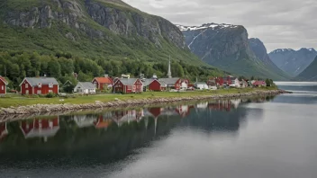 Et pittoreskt norsk tettsted med en Berstad-skilt