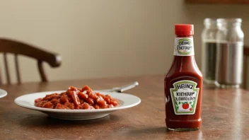 En flaske Heinz ketchup på et bord.