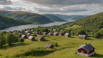 Et malerisk landskap av Haugsbygda med grønne åser og tradisjonell norsk arkitektur