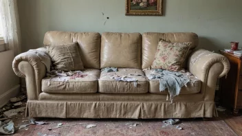 En nedslitt sofa i et rotete stue