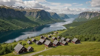 En storslagen utsikt over Rustefjelbma-området i Norge, som viser dets unike geografi og kulturelle arv.