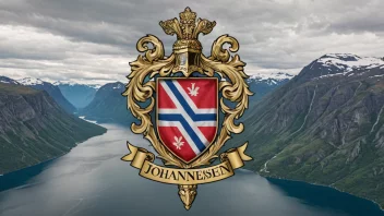 Et tradisjonelt norsk familievåpen eller våpenskjold med navnet Johannessen påført, mot en bakgrunn av et storslått norsk fjell eller fjordlandskap.