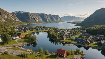 En naturskjønn utsikt over en norsk landsby eller by med et skilt eller et kart som viser navnet Rysstads