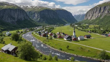 Et idyllisk landskap av en norsk dal med en liten landsby.