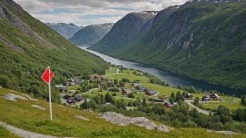 Et malerisk landskap av en norsk dal eller landsby med et skilt eller et kart som viser navnet Fiksdals