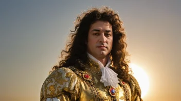 En illustrasjon av kong Ludvig XIV, Solkongen, i sin kongelige prakt, med en strålende sol som skinner bak ham.