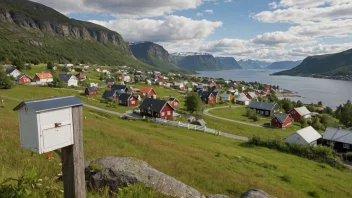 Et idyllisk norsk landskap med en liten landsby og hus med navnet Haugbergs.