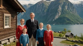 En familie med etternavnet Frederiksen, kledd i tradisjonelle norske klær, stående foran et trehus med en vakker fjord i bakgrunnen.