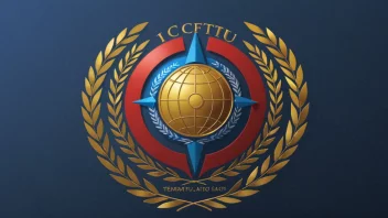 Bildet viser logoen til Den internasjonale konfederasjonen av fagforeninger (ICFTU), en global organisasjon som arbeidet for arbeideres rettigheter og sosiale rettigheter.