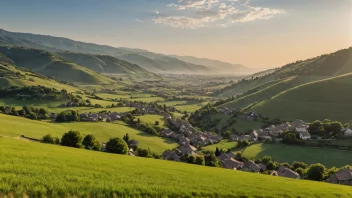 Et pittoreskt landskap av en dal eller et lavtliggende område med en liten landsby eller by i det fjerne.