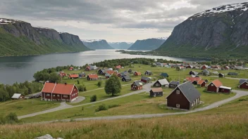 Et idyllisk norsk landskap med en liten landsby eller by i bakgrunnen, og et skilt eller et kart med navnet 'Mosvold' i forgrunnen.