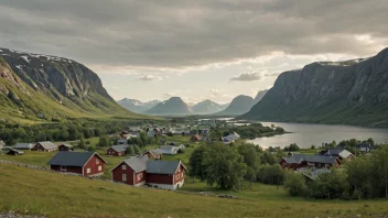 Et idyllisk norsk landskap med en liten landsby i bakgrunnen.