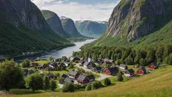 En malerisk landsby i Norge, som representerer Hjellums.