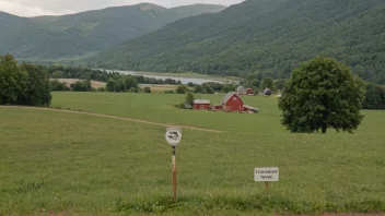 Et naturskjønt landskap av en gård eller en lokasjon med en skilt eller en markør som indikerer Finstadjordets