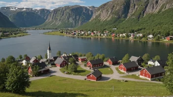 Et pittoreskt norsk tettsted med en Kolstads-skilt.