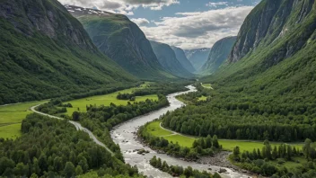 En malerisk dal i Norge med en slyngende elv og majestetiske fjell i bakgrunnen.