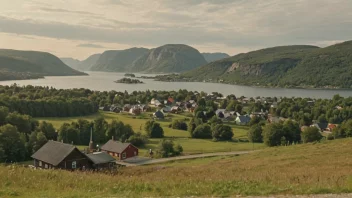 Et idyllisk norsk landskap med en liten bosetning i bakgrunnen.