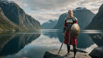 En sterk og modig kvinnelig kriger i tradisjonell norsk klesdrakt, med sverd og skjold, stående i et vakkert fjordlandskap.