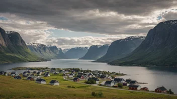 Et pittoreskt norsk landskap med tradisjonelle hus og en storslagen natur.