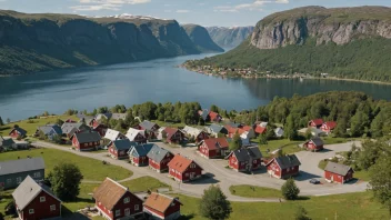 Et pittoreskt norsk tettsted med en Refstads-skilt.