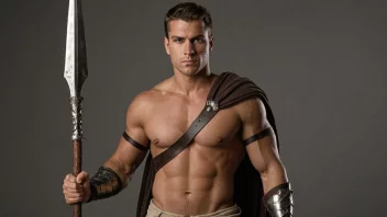 En mann med et sterkt og selvbevisst uttrykk, som holder et spyd i hånden.