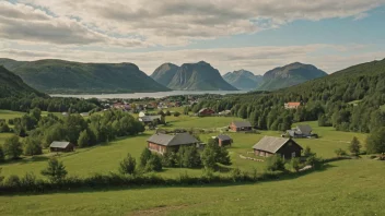 Et idyllisk norsk landskap med en gård eller landsby i bakgrunnen.