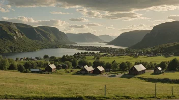 Et idyllisk norsk landskap med en liten bosetning i det fjerne.