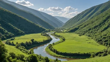 En malerisk dal med en elv som renner gjennom den, omgitt av åser og fjell.