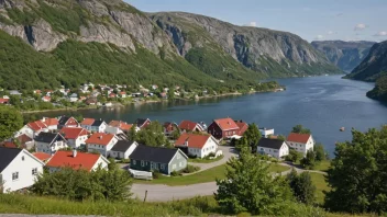 En malerisk norsk bygd eller by med et skilt eller et kart som viser navnet Grønstad.