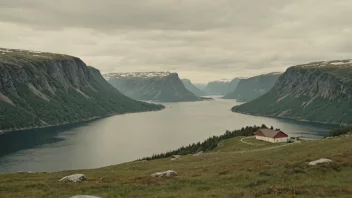 Et fredelig norsk landskap med en bygning eller et område i bakgrunnen