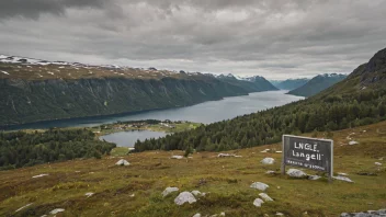 Et idyllisk norsk landskap med en skilt eller bygning med navnet Langli